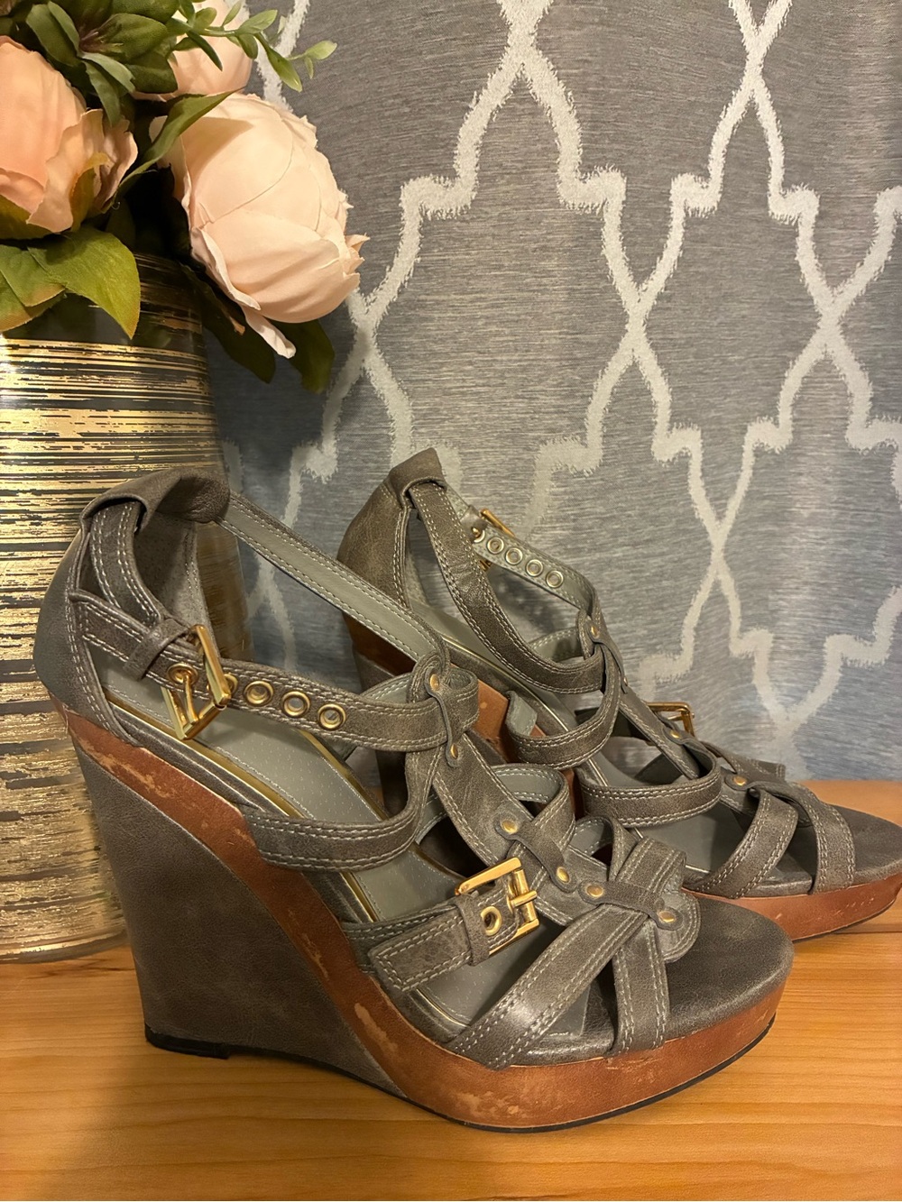 Elle Taupe Wedge Sandals with Gold Buckle Detail - Womens